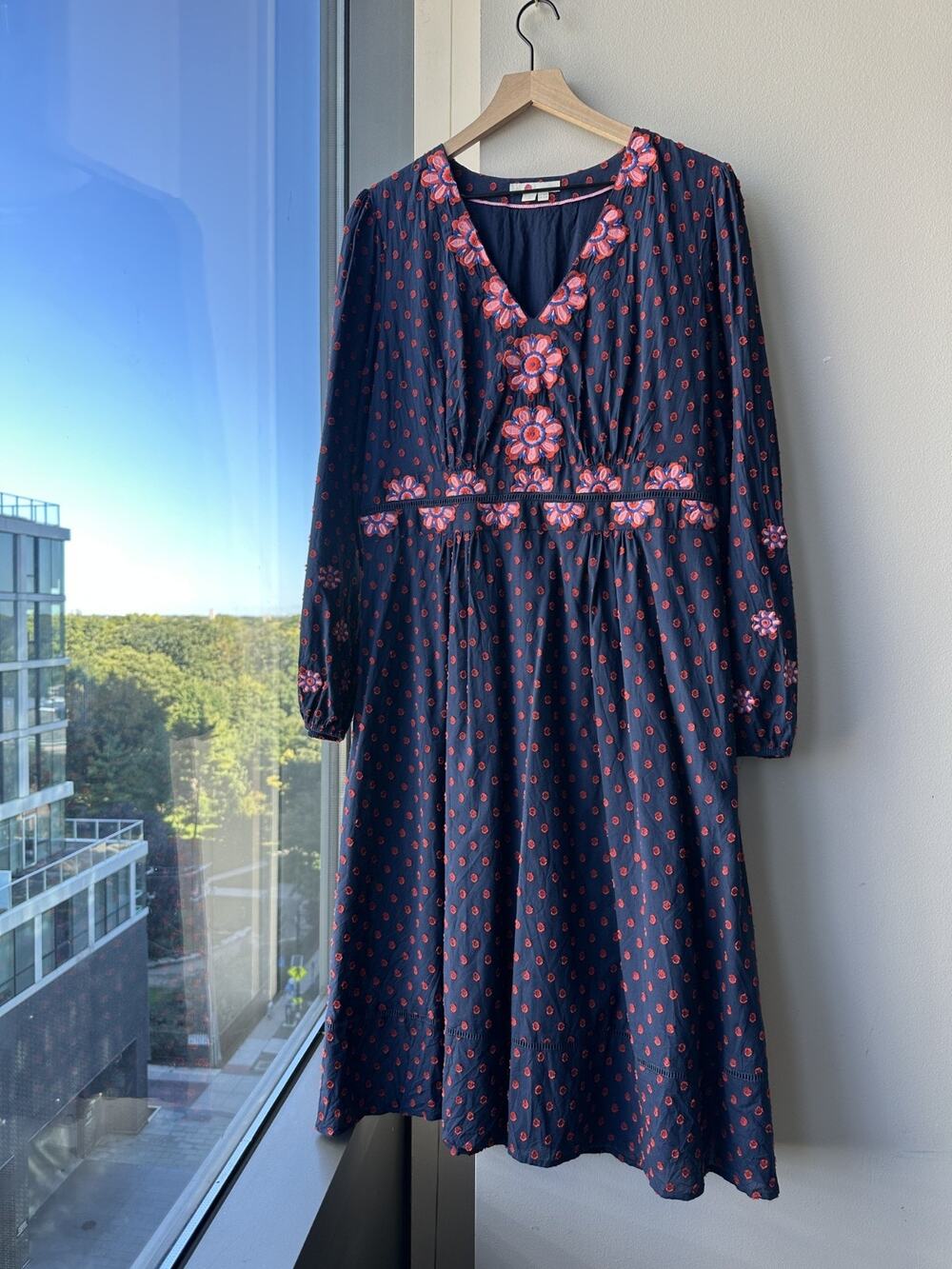 Boden 100% Cotton Pink Floral Flossie Embroidered Boho Peasant Midi Dress Sz 12R